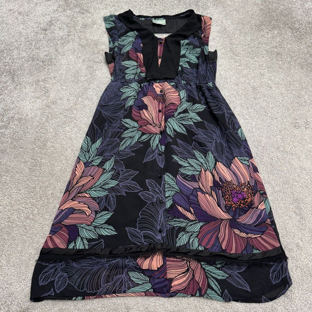 Maeve Anthropologie High Low Midi Dress Womens S Black Floral Chiffon Sleeveless